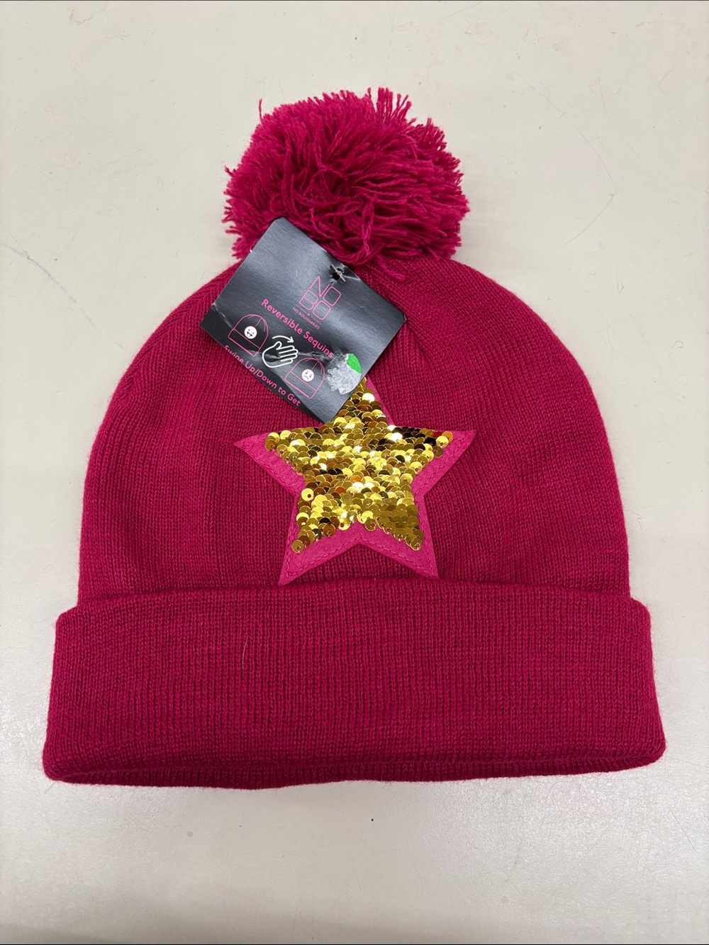 NWT No Boundaries Kids Pom Pom Beanie with Gold Sequin Star